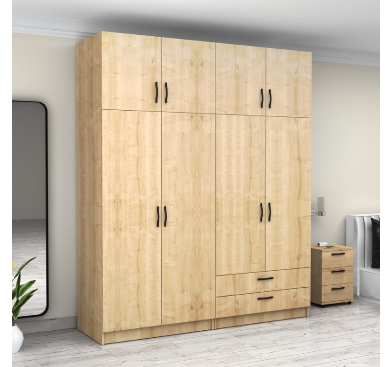 Ντουλάπα ρούχων Victoria Megapap τετράφυλλη με πατάρι και συρτάρια χρώμα φυσικό οξιάς 200x60x240εκ.