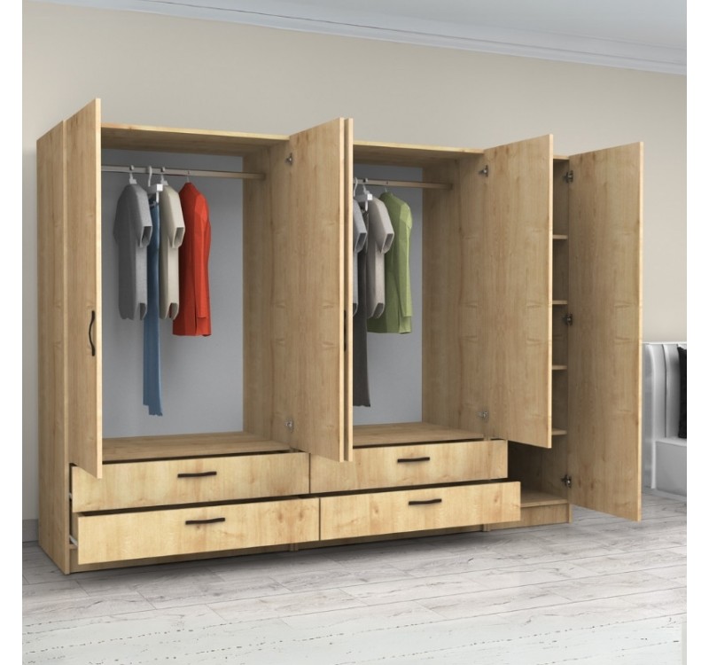 Ντουλάπα ρούχων Victoria Megapap πεντάφυλλη με συρτάρια χρώμα φυσικό οξιάς 250x60x181εκ.