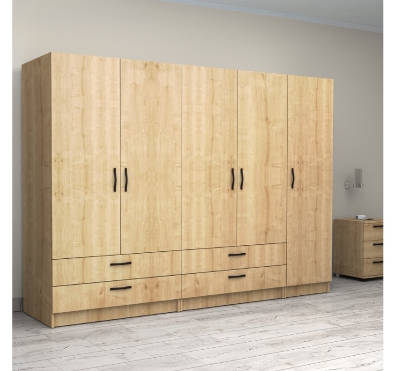 Ντουλάπα ρούχων Victoria Megapap πεντάφυλλη με συρτάρια χρώμα φυσικό οξιάς 250x60x181εκ.