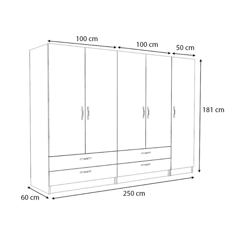 Ντουλάπα ρούχων Victoria Megapap πεντάφυλλη με συρτάρια χρώμα φυσικό οξιάς 250x60x181εκ.