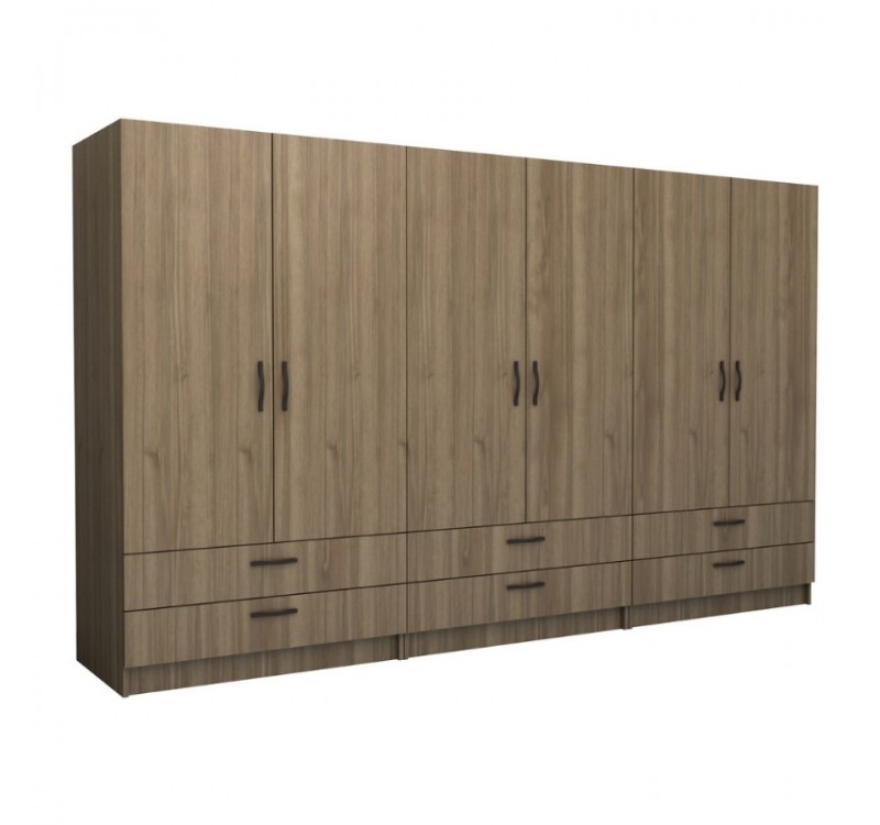 Ντουλάπα ρούχων Victoria Megapap εξάφυλλη με συρτάρια χρώμα καρυδί 300x60x181εκ.