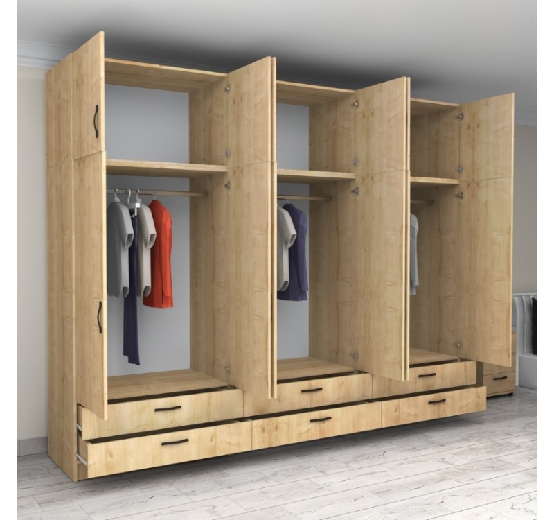 Ντουλάπα ρούχων Victoria Megapap εξάφυλλη με πατάρι και συρτάρια χρώμα φυσικό οξιάς 300x60x240εκ.