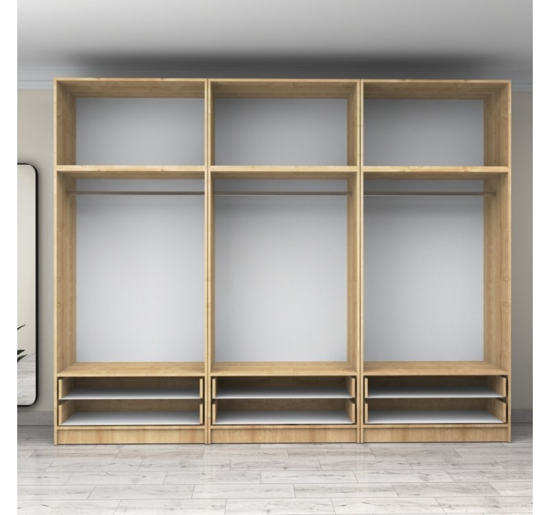 Ντουλάπα ρούχων Victoria Megapap εξάφυλλη με πατάρι και συρτάρια χρώμα φυσικό οξιάς 300x60x240εκ.