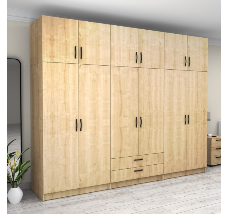 Ντουλάπα ρούχων Victoria Megapap εξάφυλλη με πατάρι και συρτάρια χρώμα φυσικό οξιάς 300x60x240εκ.