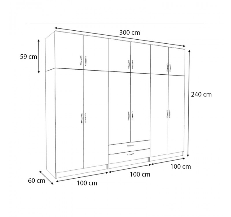 Ντουλάπα ρούχων Victoria Megapap εξάφυλλη με πατάρι και συρτάρια χρώμα φυσικό οξιάς 300x60x240εκ.