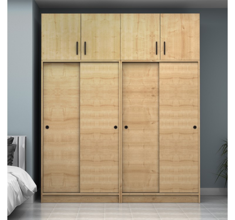 Ντουλάπα ρούχων Regio Megapap τετράφυλλη συρόμενη με πατάρι χρώμα φυσικό οξιάς 200x60x240εκ.