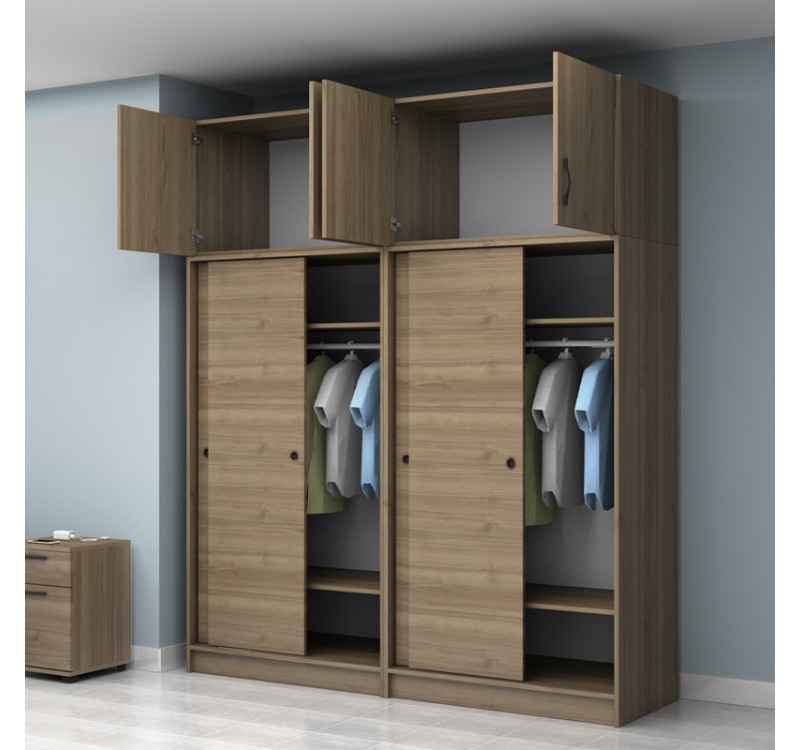 Ντουλάπα ρούχων Regio Megapap τετράφυλλη συρόμενη με πατάρι χρώμα καρυδί 200x60x240εκ.