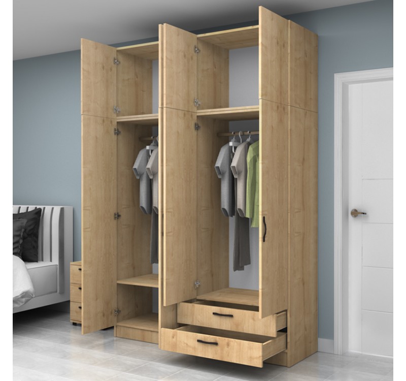 Ντουλάπα ρούχων Vivian Megapap τετράφυλλη με πατάρι και συρτάρια χρώμα φυσικό οξιάς 160x51,8x240εκ.