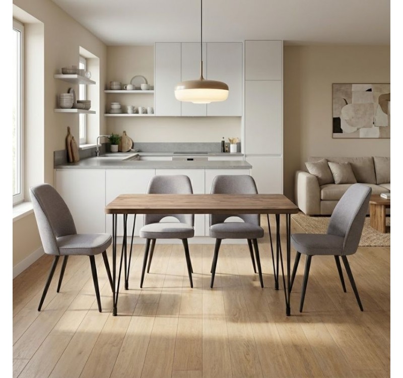 Σετ τραπεζαρία 5τμχ Roger - Christy Megapap Mdf - ύφασμα χρώμα ακακίας - ανοιχτό μπεζ 120x70x75εκ.