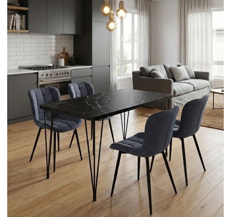 Σετ τραπεζαρία 5τμχ Roger - Chiara Megapap Mdf - ύφασμα χρώμα μαύρο εφέ μαρμάρου - ανθρακί 120x70x75εκ.