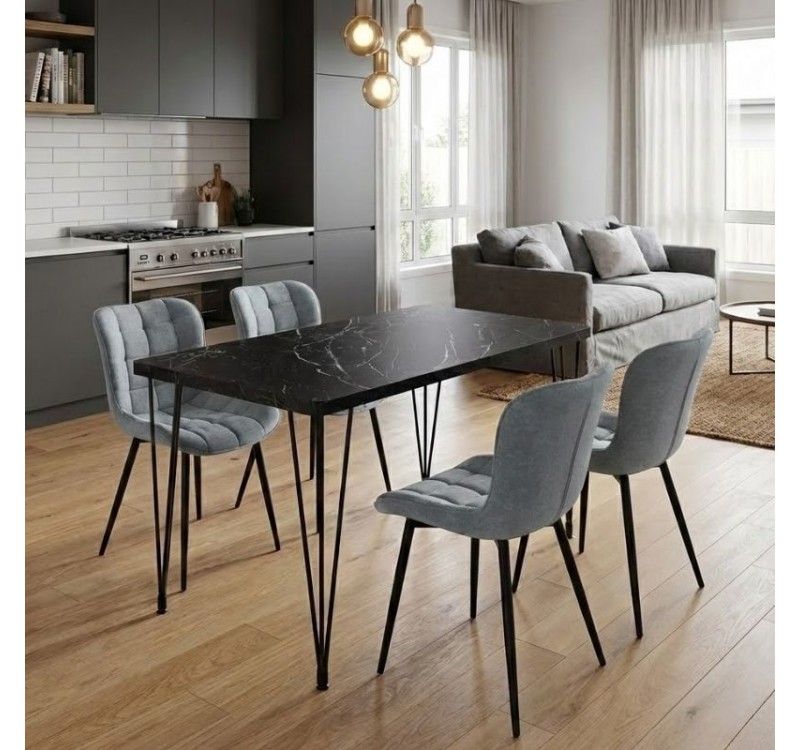 Σετ τραπεζαρία 5τμχ Roger - Chiara Megapap Mdf - ύφασμα χρώμα μαύρο εφέ μαρμάρου - γκρι 120x70x75εκ.