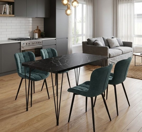 Σετ τραπεζαρία 5τμχ Roger - Chiara Megapap Mdf - ύφασμα χρώμα μαύρο εφέ μαρμάρου - πράσινο 120x70x75εκ.