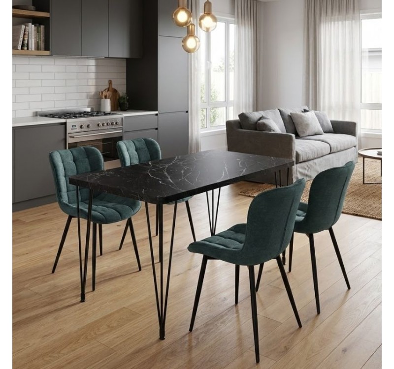 Σετ τραπεζαρία 5τμχ Roger - Chiara Megapap Mdf - ύφασμα χρώμα μαύρο εφέ μαρμάρου - πράσινο 120x70x75εκ.