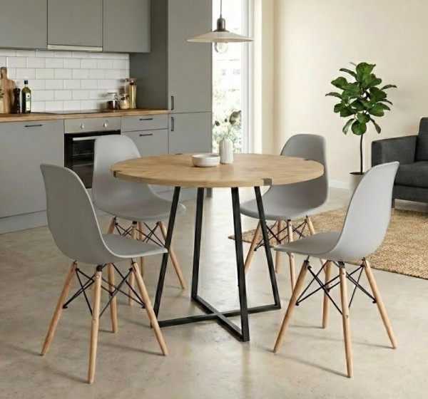 Σετ τραπεζαρία 5τμχ Rubes - Nova Megapap χρώμα φυσικό οξιάς - γκρι Ø100x78εκ.