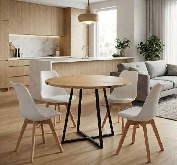 Σετ τραπεζαρία 5τμχ Rubes - Viva Megapap χρώμα φυσικό οξιάς - λευκό Ø100x78εκ.