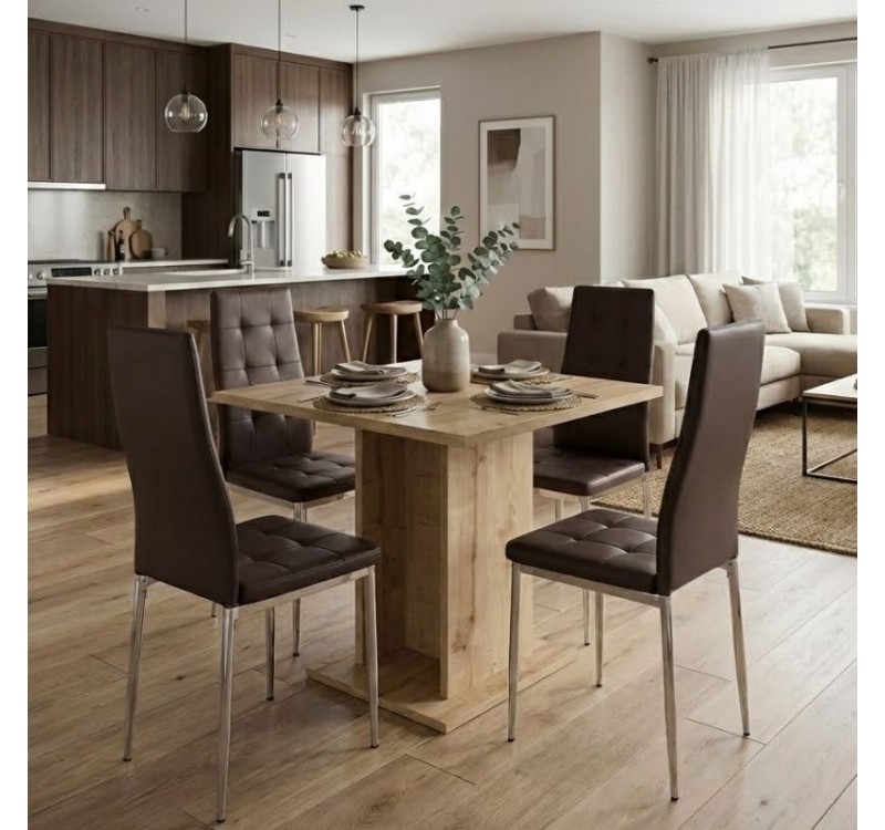 Σετ τραπεζαρία 5τμχ Allos - Rosa Megapap χρώμα sapphire oak - καφέ/χρωμίου πόδι 75x75x77εκ.