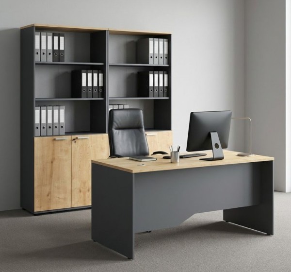 Βιβλιοθήκη γραφείου με κλειδαριά επαγγελματική Venturo Megapap χρώμα ανθρακί - φυσικό οξιάς 160x40x200εκ.