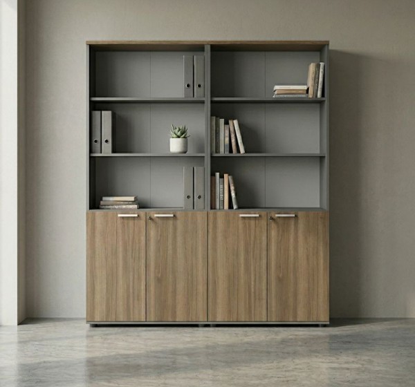 Βιβλιοθήκη γραφείου με κλειδαριά επαγγελματική Venturo Megapap χρώμα ανθρακί - καρυδί 160x40x200εκ.