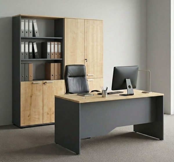 Ντουλάπα γραφείου με κλειδαριά επαγγελματική Venturo Megapap χρώμα ανθρακί - φυσικό οξιάς 160x40x200εκ.