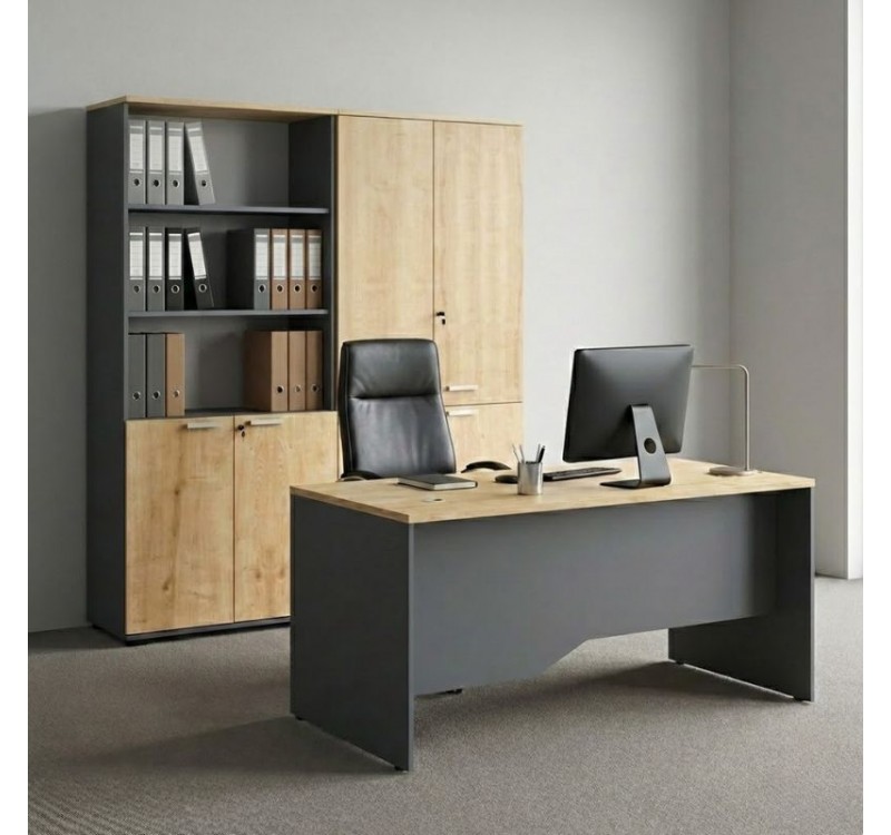 Ντουλάπα γραφείου με κλειδαριά επαγγελματική Venturo Megapap χρώμα ανθρακί - φυσικό οξιάς 160x40x200εκ.