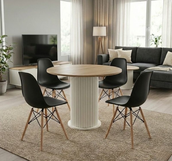 Σετ τραπεζαρία 5τμχ Bohema - Nova Megapap χρώμα ivory/sepet oak - μαύρο Ø90x77,7εκ.