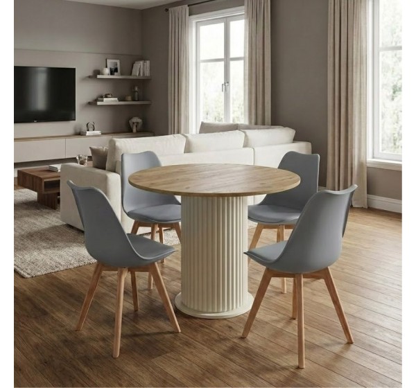 Σετ τραπεζαρία 5τμχ Bohema - Viva Megapap χρώμα ivory/sepet oak - γκρι Ø90x77,7εκ.