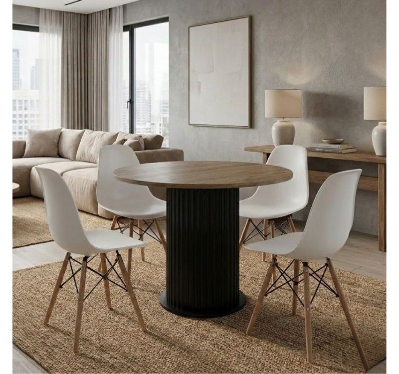 Σετ τραπεζαρία 5τμχ Bohema - Nova Megapap χρώμα μαύρο/sepet oak - λευκό Ø90x77,7εκ.