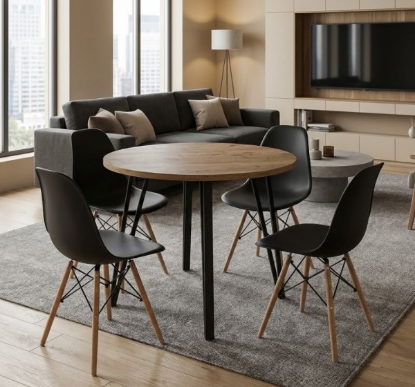Σετ τραπεζαρία 5τμχ Xana - Nova Megapap χρώμα sepet oak - μαύρο Ø90x77,5εκ.