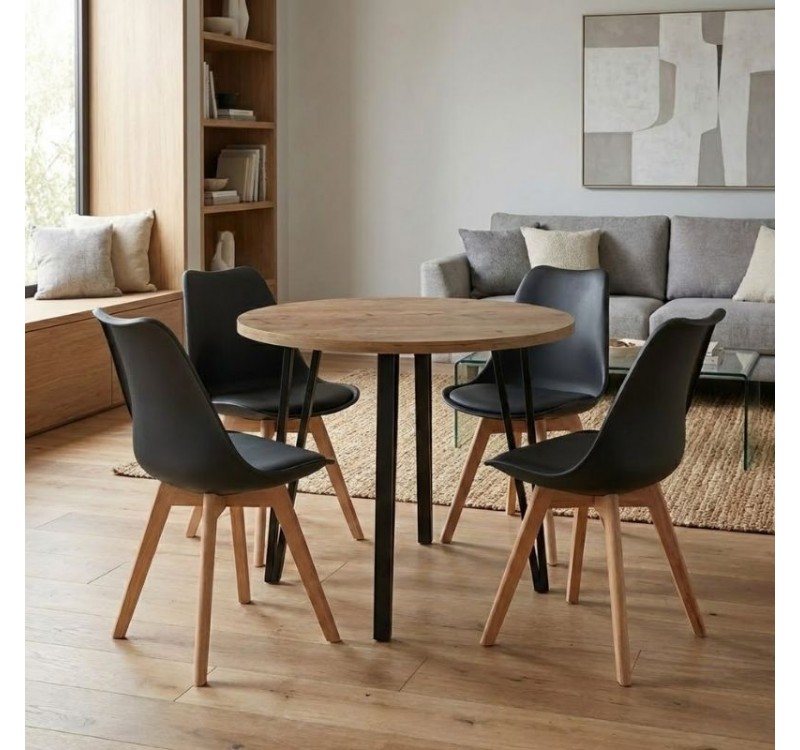 Σετ τραπεζαρία 5τμχ Xana - Viva Megapap χρώμα sepet oak - μαύρο Ø90x77,5εκ.