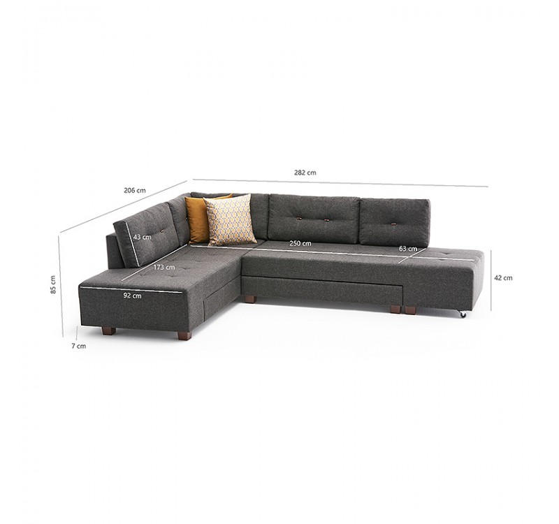 Γωνιακός καναπές - κρεβάτι Manama Megapap αριστερή γωνία υφασμάτινος χρώμα ανθρακί 280x206x85εκ.