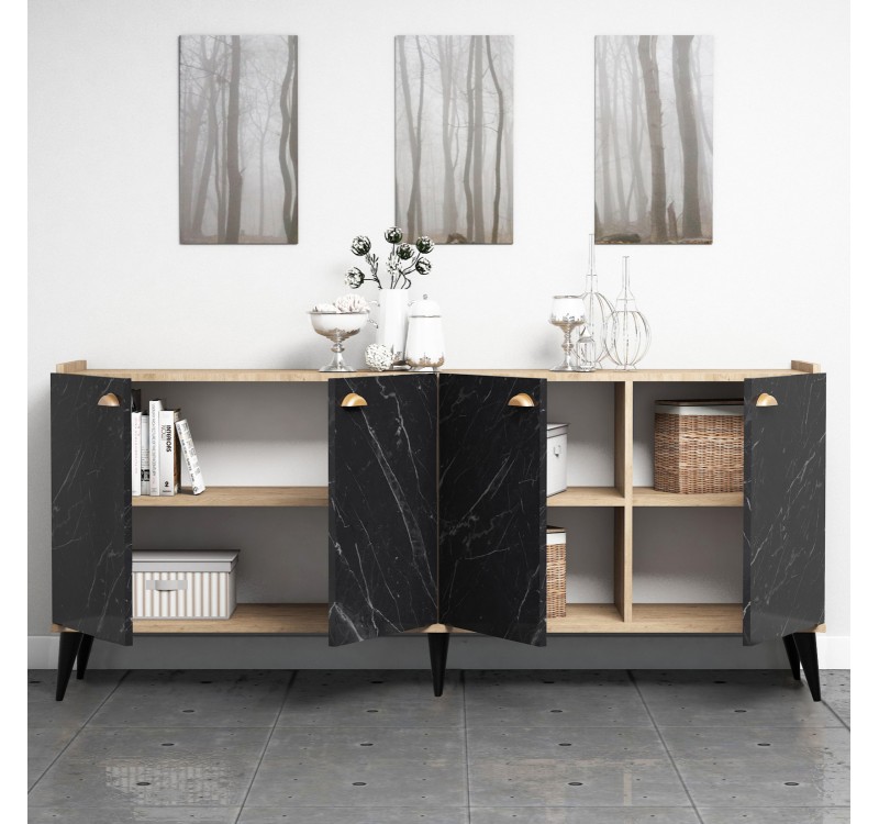 ΜΠΟΥΦΕΣ ΜΕΛΑΜΙΝΗΣ HM9045.01 NATURAL WOOD - ΜΑΥΡΟ ΜΑΡΜΑΡΟ 180x41x77,8Y εκ.
