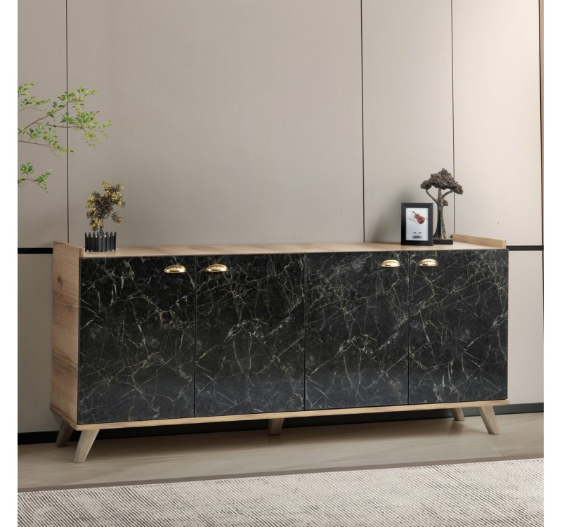 ΜΠΟΥΦΕΣ ΜΕΛΑΜΙΝΗΣ HM9045.01 NATURAL WOOD - ΜΑΥΡΟ ΜΑΡΜΑΡΟ 180x41x77,8Y εκ.