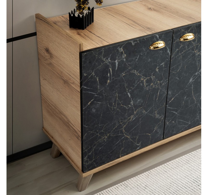 ΜΠΟΥΦΕΣ ΜΕΛΑΜΙΝΗΣ HM9045.01 NATURAL WOOD - ΜΑΥΡΟ ΜΑΡΜΑΡΟ 180x41x77,8Y εκ.