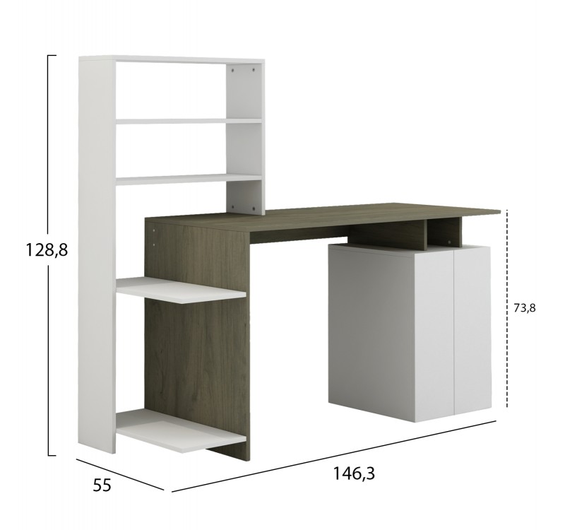 ΓΡΑΦΕΙΟ ΜΕ ΒΙΒΛΙΟΘΗΚΗ ROCHELL ΜΕΛΑΜΙΝΗ OLIVE GREY ΛΕΥΚΟ 146,3x55x128,8Υεκ.HM8886.11