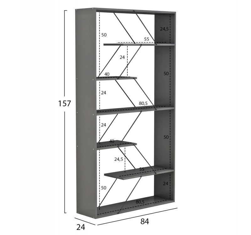 ΒΙΒΛΙΟΘΗΚΗ TARS HM2240.20 ΓΚΡΙ ΜΕΛΑΜΙΝΗ-ΜΑΥΡΕΣ ΜΕΤΑΛΛΙΚΕΣ ΒΕΡΓΕΣ 84x24x157Υεκ.