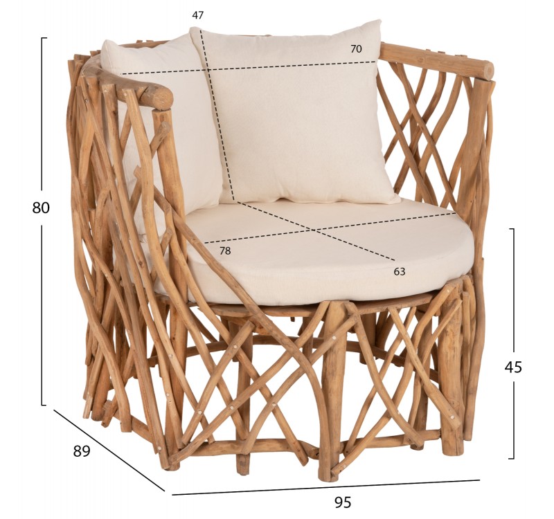ΠΟΛΥΘΡΟΝΑ ΚΑΑΝ HM5994 ΚΛΑΔΙΑ TEAK ΣΕ ΦΥΣΙΚΟ-ΜΑΞΙΛΑΡΙΑ ΛΕΥΚΑ 95x89x80Υεκ.