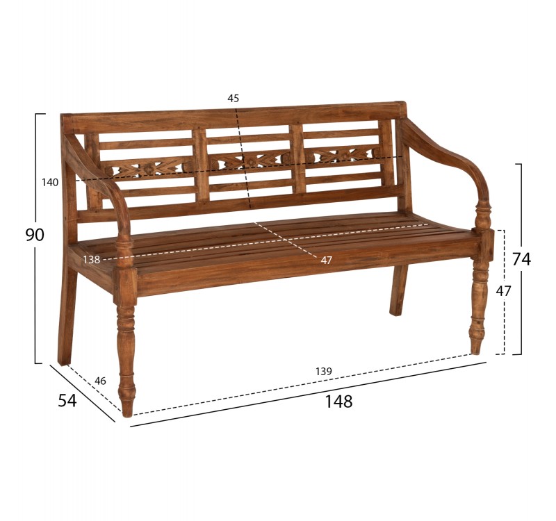 ΠΑΓΚΑΚΙ ΕΞ.ΧΩΡΟΥ HM7903 ΜΑΣΙΦ ΞΥΛΟ ΜΑΟΝΙ ΣΕ ΦΥΣΙΚΟ ΜΕ ΜΠΡΑΤΣΑ & ΠΛΑΤΗ 148x54x90Υεκ.