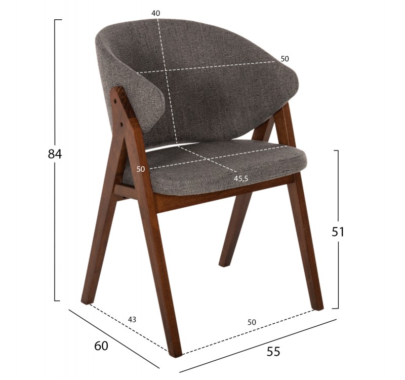 ΚΑΡΕΚΛΑ HANA HM9746.02 RUBBERWOOD ΣΕ ΚΑΡΥΔΙ ΧΡΩΜΑ-ΓΚΡΙ ΥΦΑΣΜΑ 55x60x84Yεκ.