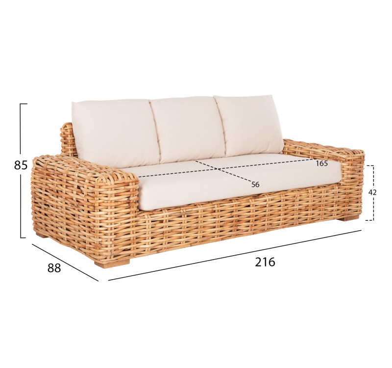 ΚΑΝΑΠΕΣ ΤΡΙΘΕΣΙΟΣ ΕΞ.ΧΩΡΟΥ TROPEL HM9808 ΞΥΛΟ MANGO-RATTAN ΦΥΣΙΚΟ-ΛΕΥΚΑ ΜΑΞΙΛΑΡΙΑ 216x88x85Υεκ