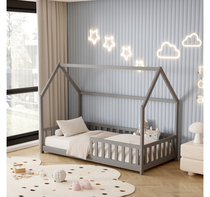 ΚΡΕΒΑΤΙ ΠΑΙΔΙΚΟ ΜΕ ΚΑΓΚΕΛΑ PHYLLIS HM679.05 τ.MONTESSORI ΞΥΛΟ ΠΕΥΚΟ ΓΚΡΙ-190x90εκ.