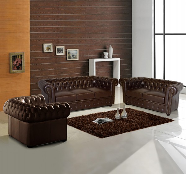 ΣΕΤ ΣΑΛΟΝΙ 2ΘΕΣΙΟ & 3ΘΕΣΙΟ & ΠΟΛΥΘΡΟΝΑ CHESTERFIELD ΣΚΟΥΡΟ ΚΑΦΕ