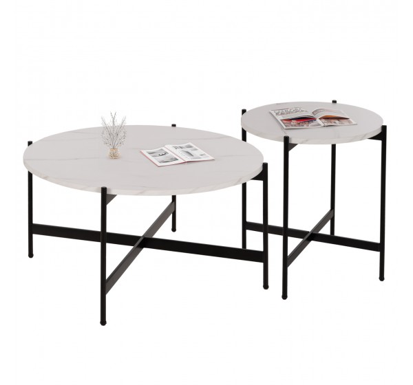 ΣΕΤ 2ΤΜΧ ΤΡΑΠΕΖΙΑ ΣΑΛΟΝΙΟΥ RONDA HM21089.04 MDF ΛΕΥΚΟ ΜΑΡΜΑΡΟ Φ80εκ & Φ50εκ