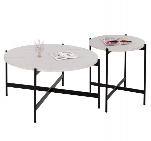 ΣΕΤ 2ΤΜΧ ΤΡΑΠΕΖΙΑ ΣΑΛΟΝΙΟΥ RONDA HM21089.04 MDF ΛΕΥΚΟ ΜΑΡΜΑΡΟ Φ80εκ & Φ50εκ
