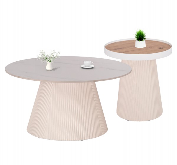 ΣΕΤ 2ΤΜΧ ΤΡΑΠΕΖΙΑ ΣΑΛΟΝΙΟΥ DUNCAN HM21082 MDF ΚΡΕΜ ΚΑΙ ΚΕΡΑΜΙΚΟ TOP Φ80εκ & Φ45εκ