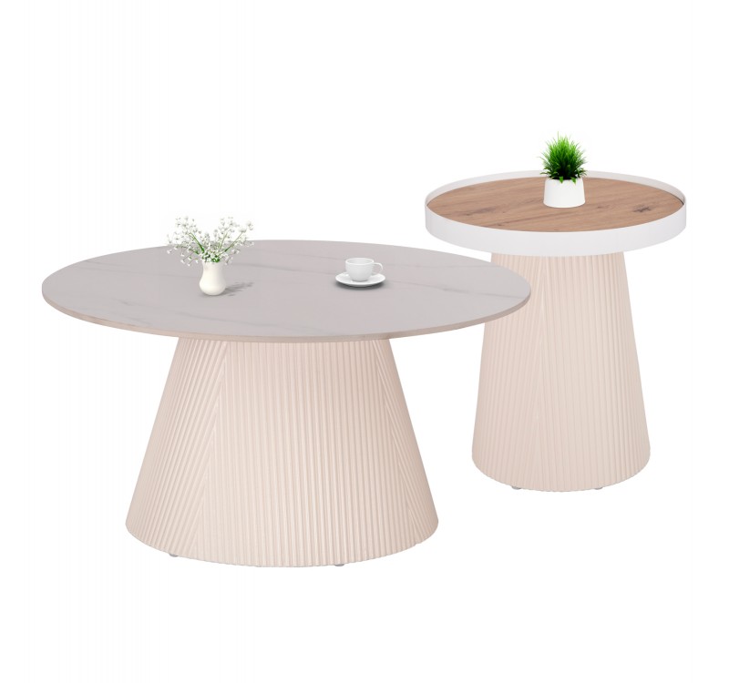 ΣΕΤ 2ΤΜΧ ΤΡΑΠΕΖΙΑ ΣΑΛΟΝΙΟΥ DUNCAN HM21082 MDF ΚΡΕΜ ΚΑΙ ΚΕΡΑΜΙΚΟ TOP Φ80εκ & Φ45εκ