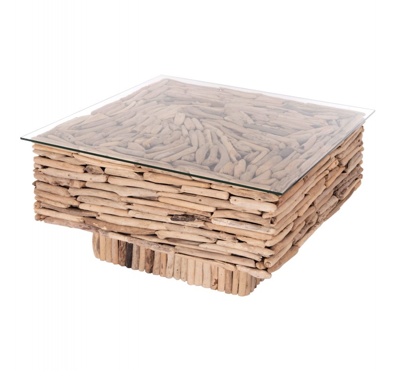 ΤΡΑΠΕΖΙ ΣΑΛΟΝΙΟΥ ΤΕΤΡΑΓΩΝΟ SPARROW HM9960 DRIFTWOOD--ΓΥΑΛΙ 95x95x51,5Υεκ.