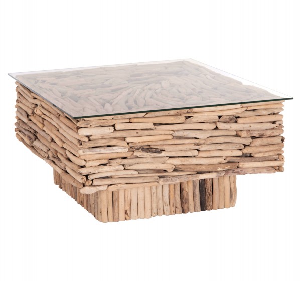 ΤΡΑΠΕΖΙ ΣΑΛΟΝΙΟΥ ΤΕΤΡΑΓΩΝΟ SPARROW HM9960 DRIFTWOOD--ΓΥΑΛΙ 95x95x51,5Υεκ.