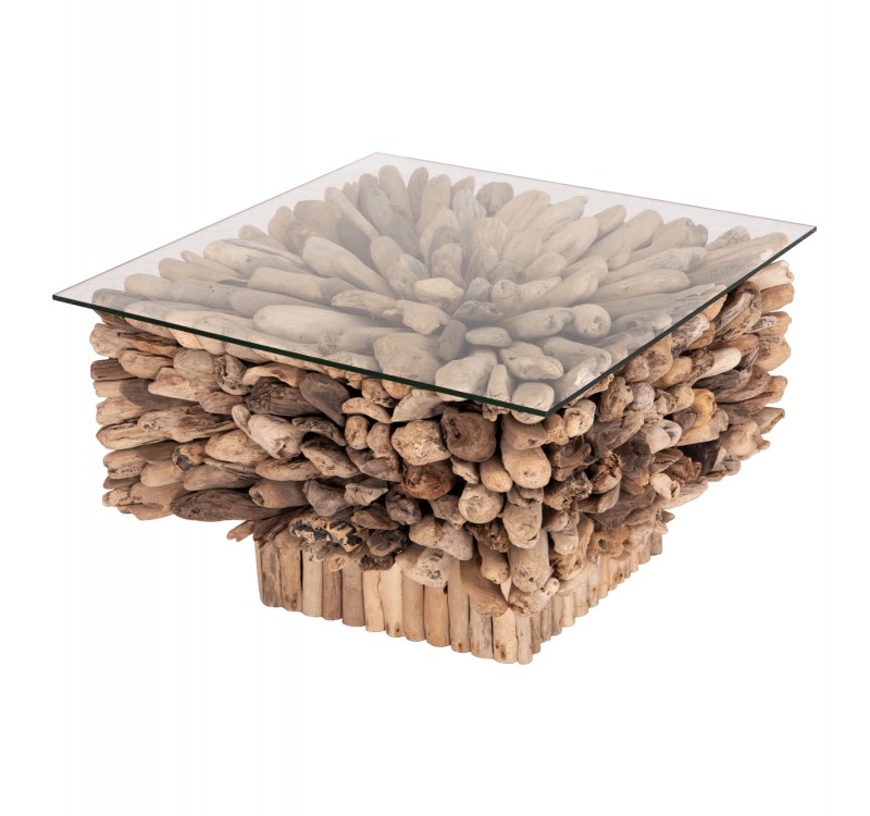 ΤΡΑΠΕΖΙ ΣΑΛΟΝΙΟΥ ΤΕΤΡΑΓΩΝΟ SPARROW HM9961 DRIFTWOOD--ΓΥΑΛΙ 75x75x51Υεκ.
