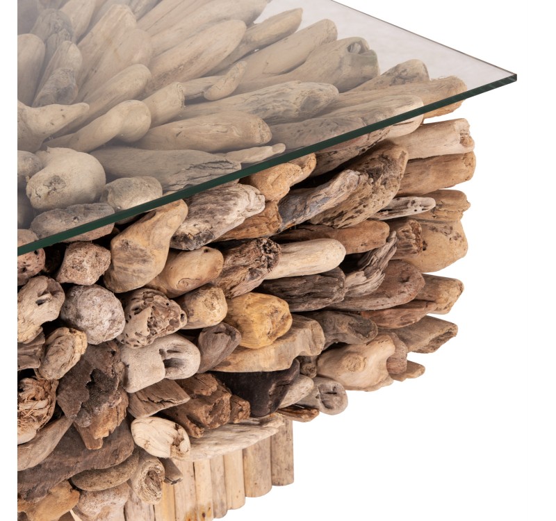 ΤΡΑΠΕΖΙ ΣΑΛΟΝΙΟΥ ΤΕΤΡΑΓΩΝΟ SPARROW HM9961 DRIFTWOOD--ΓΥΑΛΙ 75x75x51Υεκ.