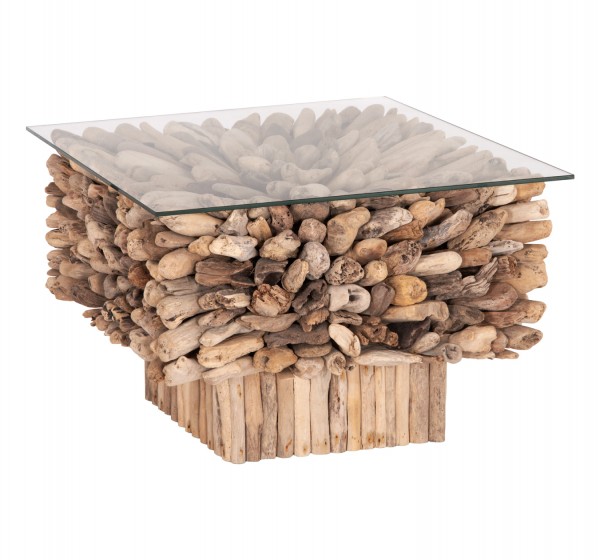 ΤΡΑΠΕΖΙ ΣΑΛΟΝΙΟΥ ΤΕΤΡΑΓΩΝΟ SPARROW HM9961 DRIFTWOOD--ΓΥΑΛΙ 75x75x51Υεκ.